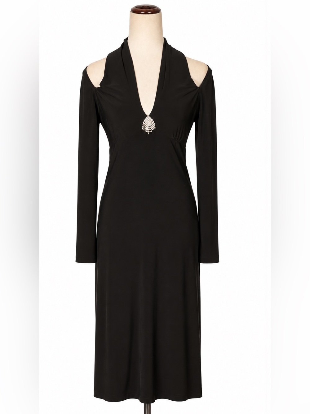 Vintage Joseph Ribkoff Cold-Shoulder V-Neck Midi Dress w Rhinestone accent- 4